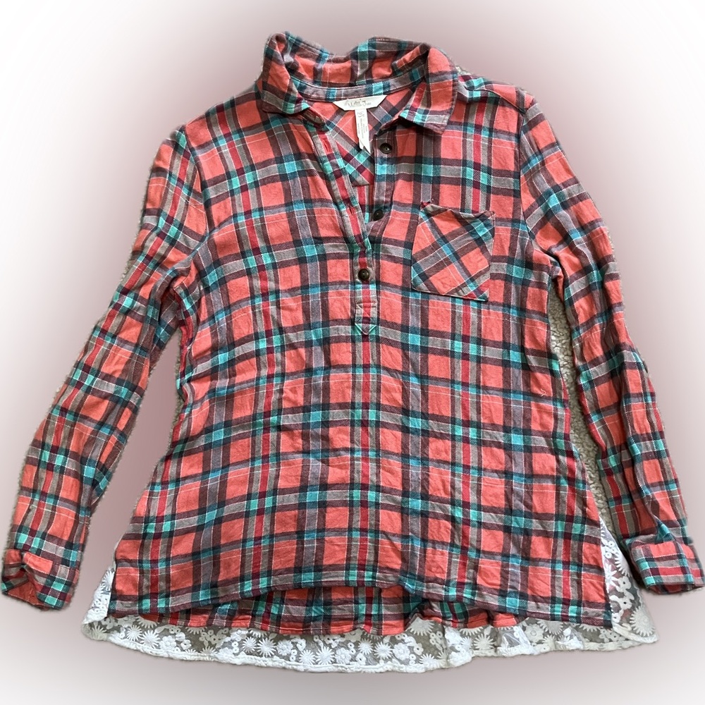 Women’s Matilda Jane Plaid Button-Up Shirt with Lace Hem